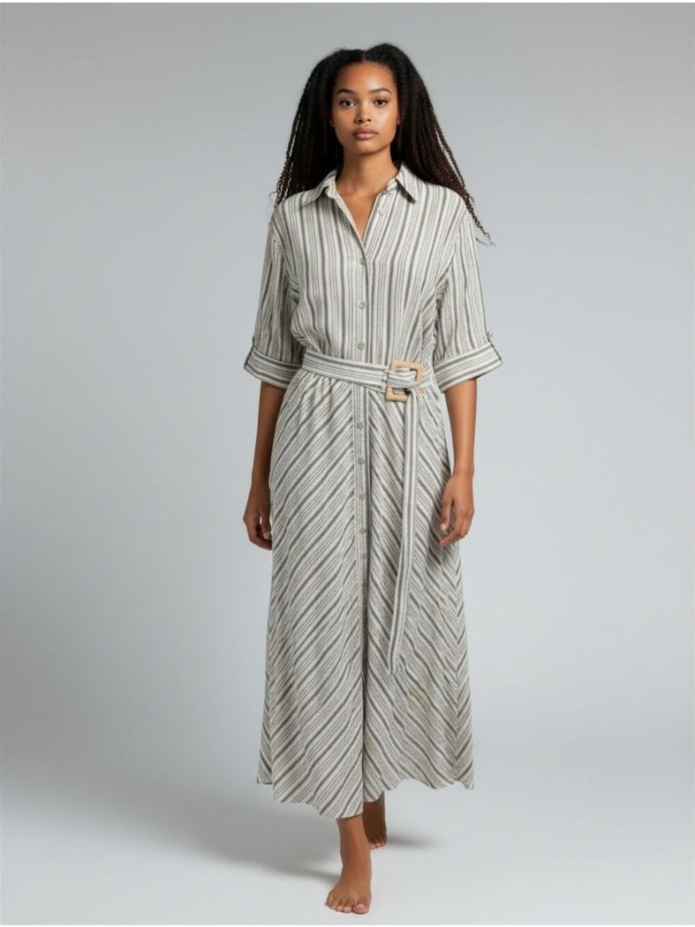 Tahari Midi Linen Blend Button Shirt Dress Cream Charcoal Stripes Belted Pockets